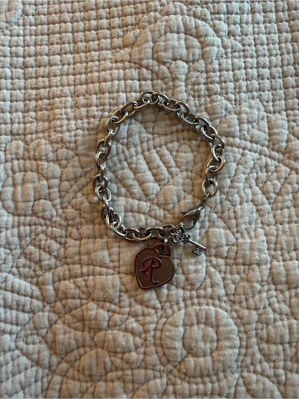 Silver Charm Bracelet with Red 'R' Heart Pendant